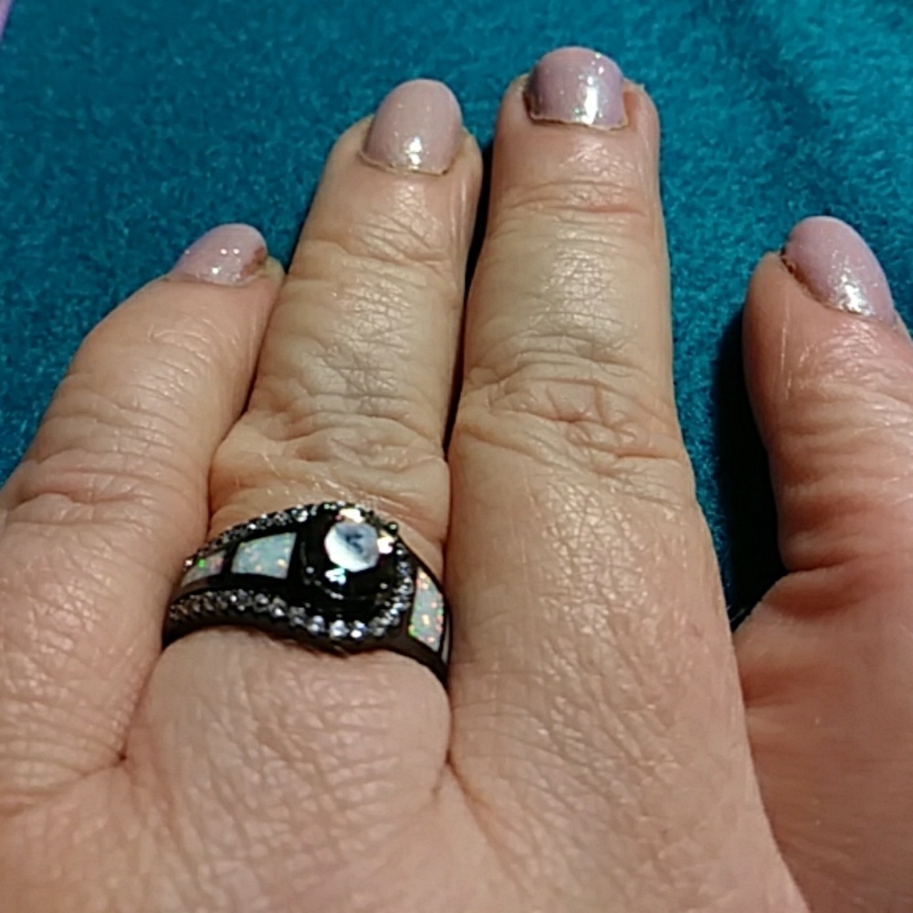 SOLD Sz6 black rhodium inlayed opal and .50 Mystic ston